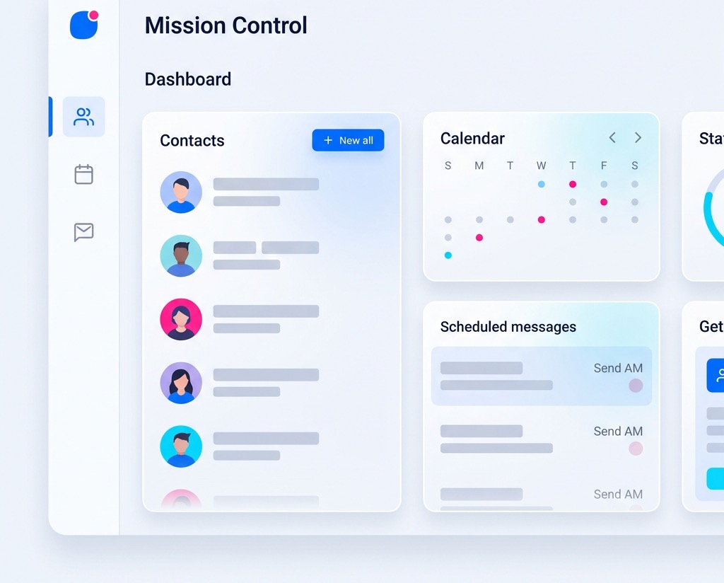 Mission Control Dashboard — showing contacts, calendar, and scheduled messages in a clean layout